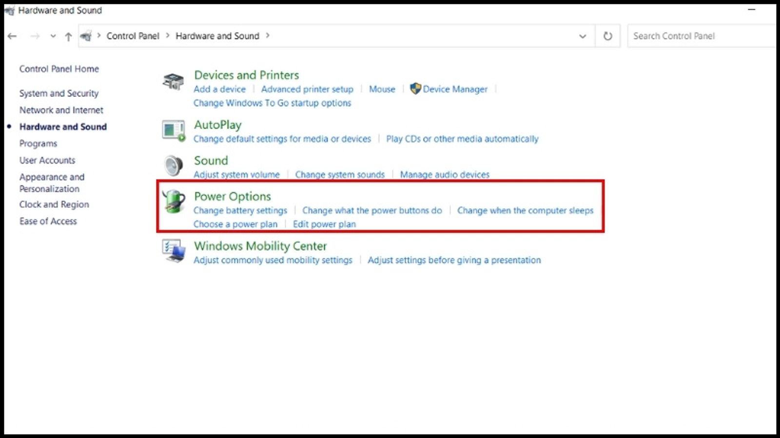 Click vào mục Power Options